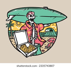 the skull carries a surfboard and pizza