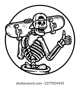 skull carrying a skateboard line illustration