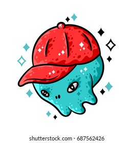 Skull. Cartoon blue skull in red cap on white background isolated. Stock Vector Illustration.