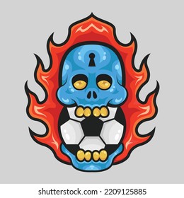 Skull cartoon character mascot logo illustration biting ball with burning fire for soccer team