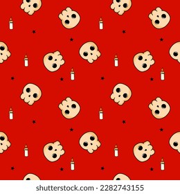 Skull cartoon so cute. On candle star and red background. Pattern seamless vector illustration.
