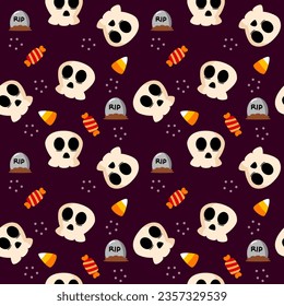 Skull cartoon so cute. On candy grave purple background. Happy Halloween   Pattern seamless vector illustration. 