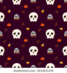 Skull cartoon so cute. On grave pumpkin candy purple background. Happy Halloween. Pattern seamless vector illustration. 
