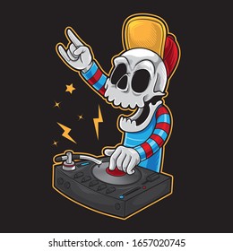 Skull cartoon disk jockey happy playing electronic music