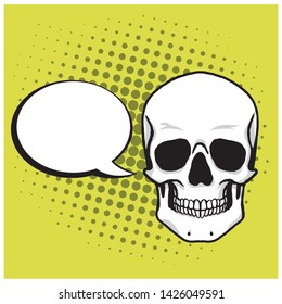 Skull Cartoon Drawing with Bubble Speech Pop Art Background Vector