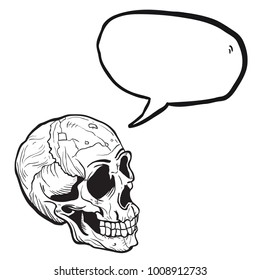 skull cartoon illustration with speech bubble isolated on white