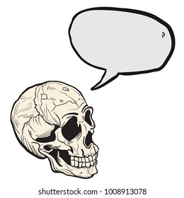 skull cartoon illustration with speech bubble isolated on white