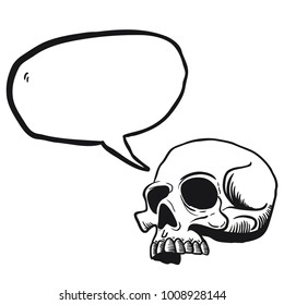 ilustración de caricatura de cráneo con burbuja de habla aislada en blanco