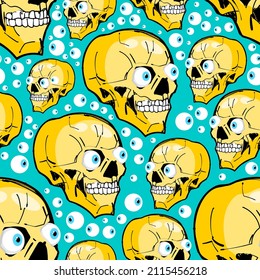 Skull cartoon pattern seamless. Crazy skeleton head sketch hand drawing background. Vector texture