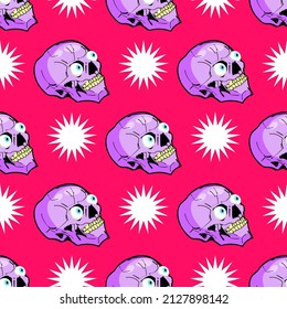 Skull cartoon pattern seamless. Crazy skeleton head sketch hand drawing background. Vector texture