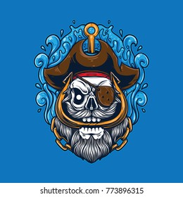 Skull cartoon pirate vector illustration.