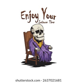 Skull cartoon relaxing on a chair, illustration for t-shirt, sticker or clothing item. With modern pop and retro style.