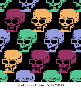 Skull cartoon seamless pattern. Skeleton head drawing ornament. Medicine background. Retro Vintage Texture
