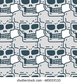 Skull cartoon seamless pattern. Skeleton head drawing ornament. Medicine background. Retro Vintage Texture
