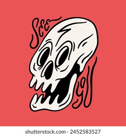 Skull cartoon style vector illustration with See You lettering inscription.