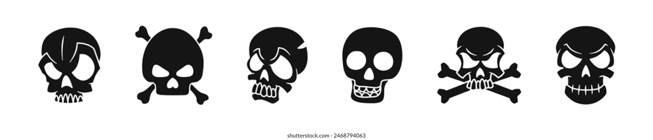 Skull cartoon style vector set. Skeleton head evil collection.