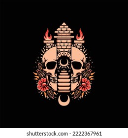 skull castle tattoo vector design