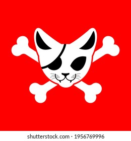 Skull cat and crossbones. Feline pirate flag. vector illustration