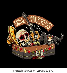 skull and cat with guitar and sombrero hat in the coffin