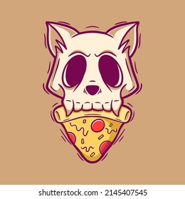 Skull cat and pizza cartoon illustration