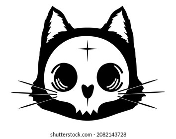 Skull of a cat. A tool for the ritual. Cat head silhouette with skull. Cute cat skull. Occult witchcraft. Halloween and Day of the dead clipart.