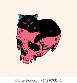 Skull with with cat. Trendy vector illustration.