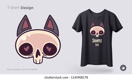 Skull with cat's ears t-shirt design. Print for clothes, posters or souvenirs. Vector illustration