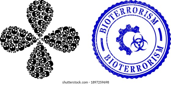 Skull centrifugal flower with four petals, and blue round BIOTERRORISM rubber stamp with icon inside. Element cyclone organized from oriented skull items. Vector flower collage in flat style.