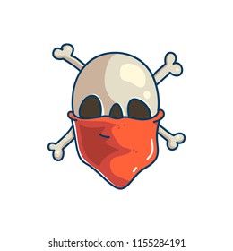 Skull character with bandana. Cute cool temporary tattoo design. Funny halloween sticker. Day of the dead cartoon symbol. Dead cowboy wild west icon