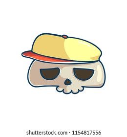 Skull character with cap. Cute cool temporary tattoo design. Funny halloween sticker. Day of the dead cartoon symbol