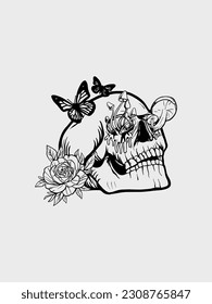 skull character with different attributes. Line art style. Isolated on a white background