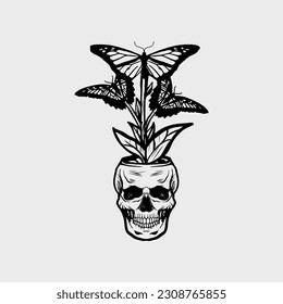 skull character with different attributes. Line art style. Isolated on a white background