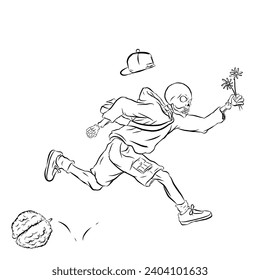 Skull character is in love and running carrying flowers. The illustration is presented on white