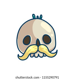 Skull character with mustache. Cute cool temporary tattoo design. Funny halloween sticker. Day of the dead cartoon symbol