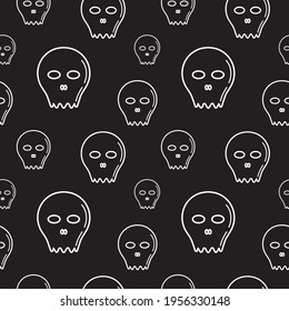 Skull character Seamless pattern design template. White outline design style in black color background. Cartoon vector illustration