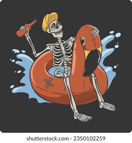 skull character vector illustration design is swimming using a balloon