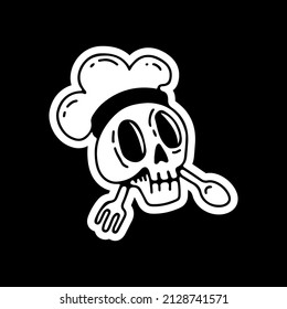 Skull chef with fork and spoon, illustration for t-shirt, sticker, or apparel merchandise. With doodle, retro, and cartoon style.