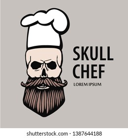 skull in chef hat with beard and mustache isolated vector illustration. Skull chef logo