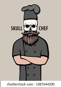 skull in chef hat with beard and mustache isolated vector illustration. 