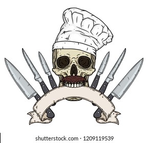 Skull in a chef hat. Cartoon skull. Chef skull with knife and ribbon for your text