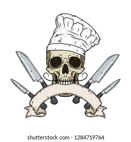 Skull. Skull in a chef hat. Cartoon skull. Chef skull with knifes and ribbon for your text