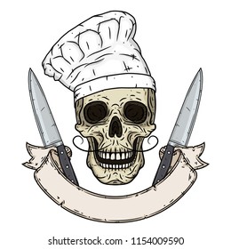 Skull in a chef hat. Cartoon skull. Chef skull with ribbon for your text