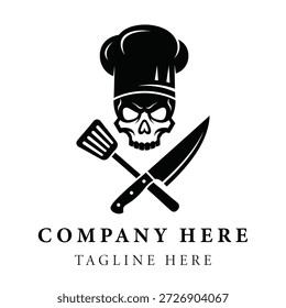 Cráneo con sombrero de chef y utensilios de cocina cruzados Plantilla de logotipo para la marca y el lema de la empresa