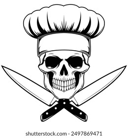 Skull with chef hat and crossed  knife vector illustration. 