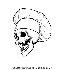 Skull In Chef Hat Hand Drawn Vector Illustration. Design element for shirt design, logo, sign, poster, banner, card