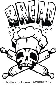calavera con sombrero de chef ilustración retro dibujado a mano dice pan, insignia de cocina 