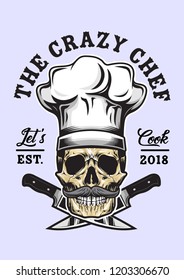 Skull with Chef Hats and Mustache Logo, Emblem, Badge, Patch Object Stock Vector Illustration