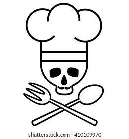 Skull chef with a mustache in a chef's hat with crossed spoon and fork. Logo, icon. Black-and-white drawing. Vector Image.