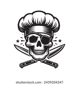 Logo del chef de la calavera, icono del chef de la cara de la calavera negra y blanca para el restaurante