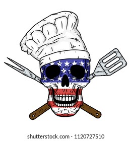 Skull in chef's hat, crossed barbecue tools and American flag. Chef skull 